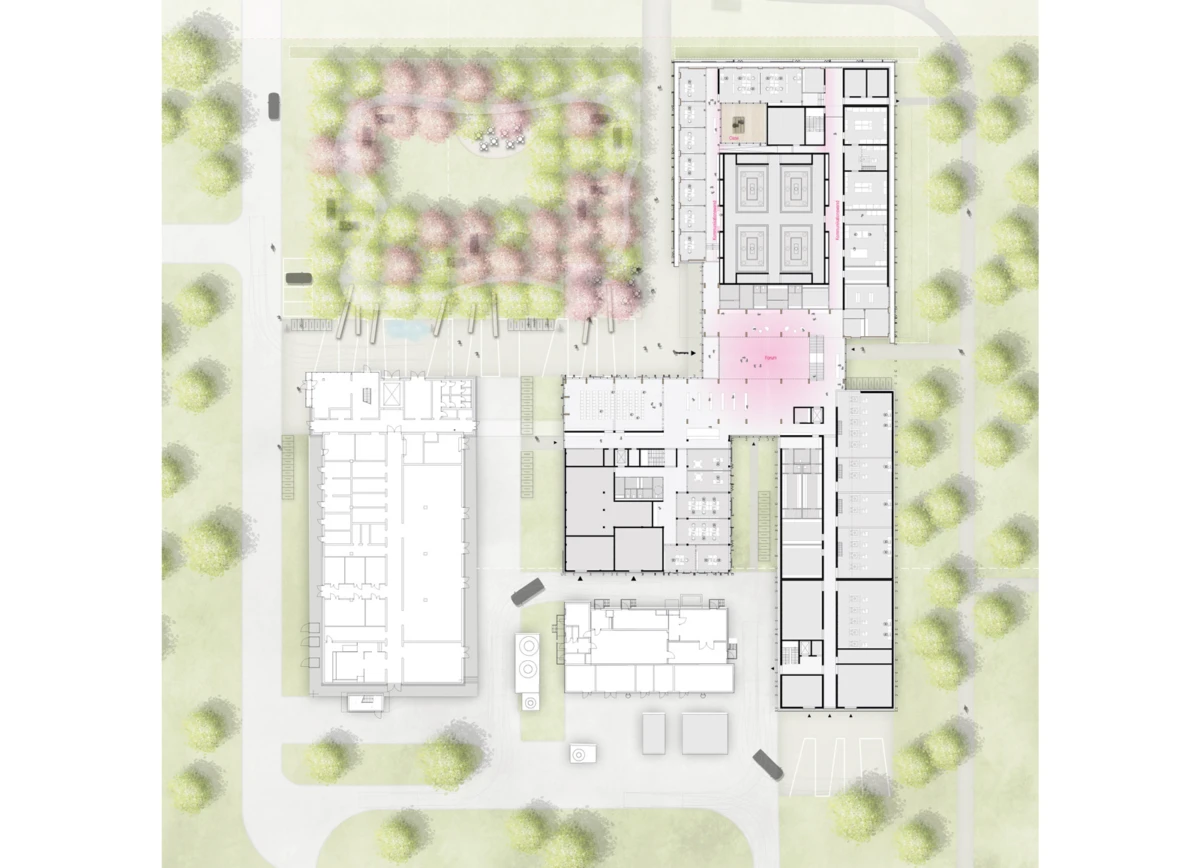 Aerial site plan of a campus with interconnected rectangular buildings, a central pink plaza, and surrounding trees.