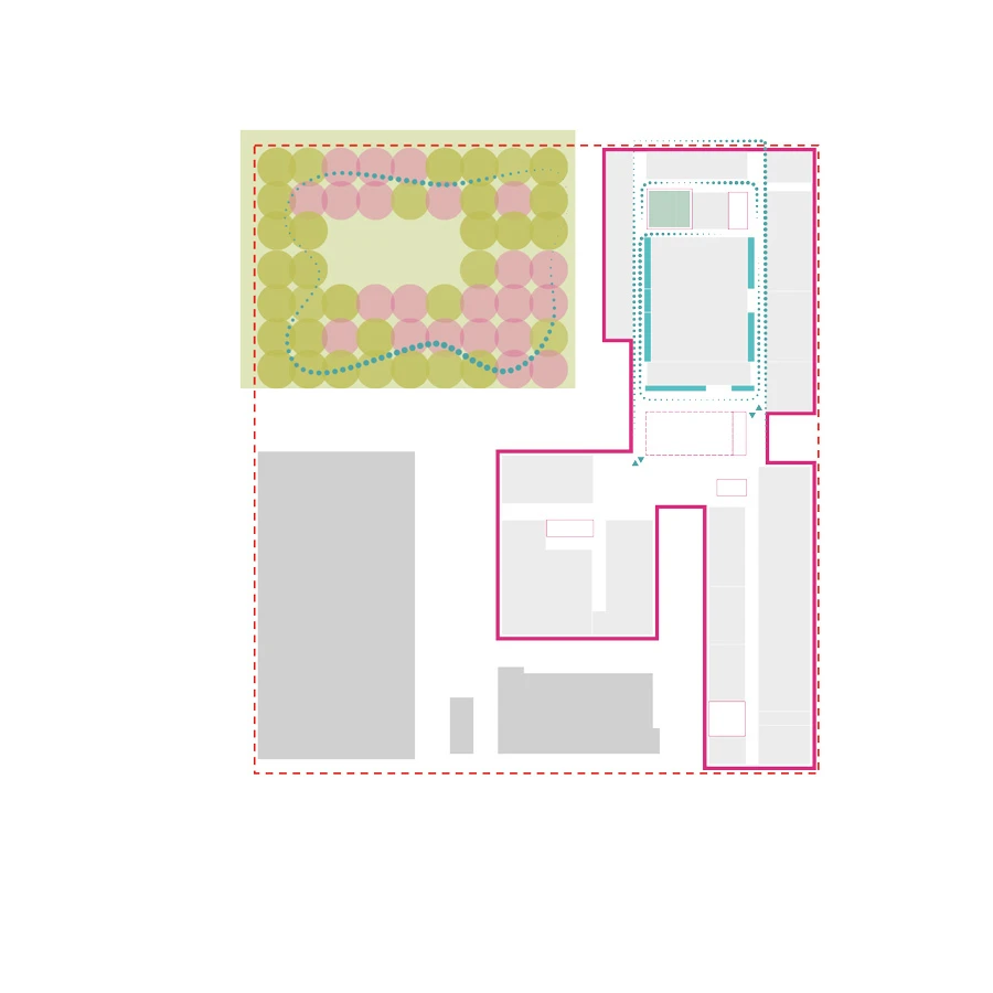 Site plan of a building complex with a garden of circular trees, a curved blue dashed path, and pink boundary lines.