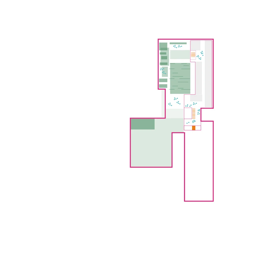 Floor plan of a building with pink exterior outline; interior pale-green rooms, darker-green blocks, and scattered blue dots.