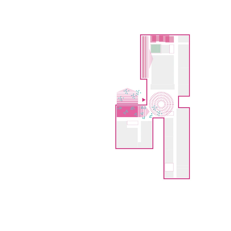 Abstract interior floor-plan diagram with pink outlines and gray rooms, featuring a circular decorative motif.