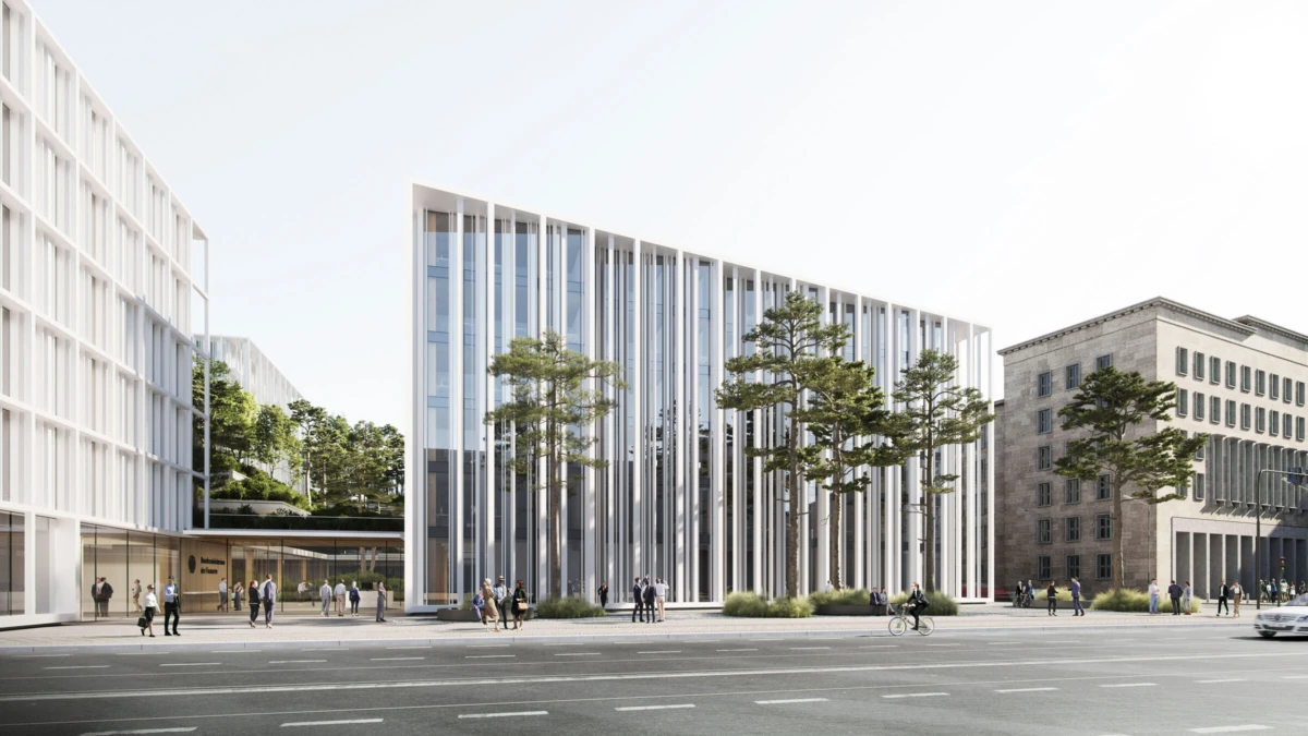Modern glass-fronted office building with vertical windows and trees along a city street; pedestrians, a cyclist, and a car.