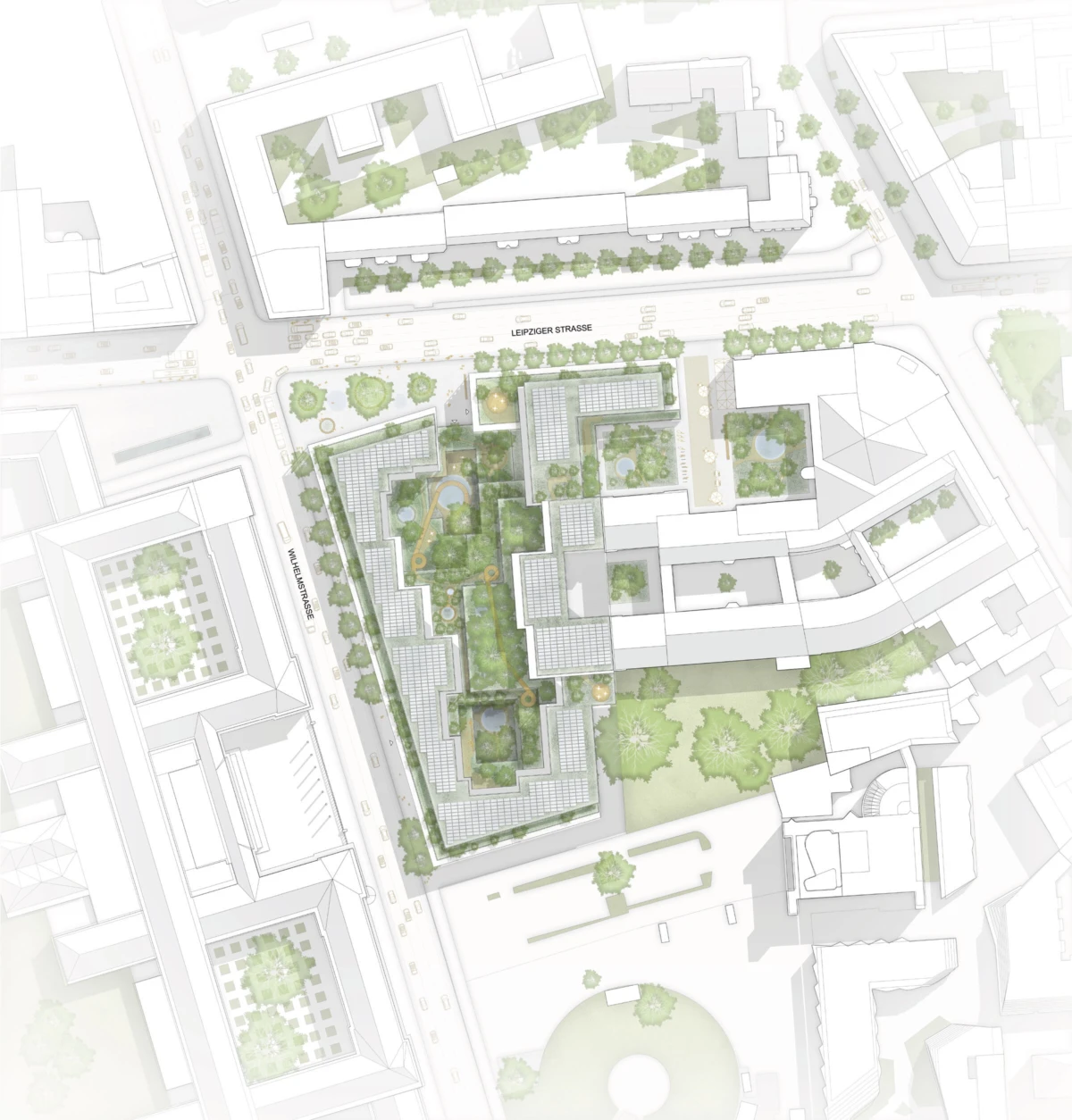 Top-down view of a modern urban complex with internal courtyards and rooftop greenery along Leipziger Strasse.