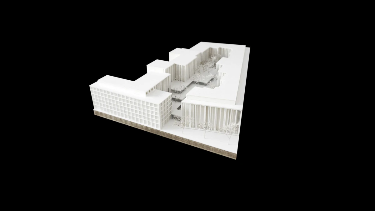 White 3D architectural model of a modern building complex with a central courtyard and trees, set against a black background.