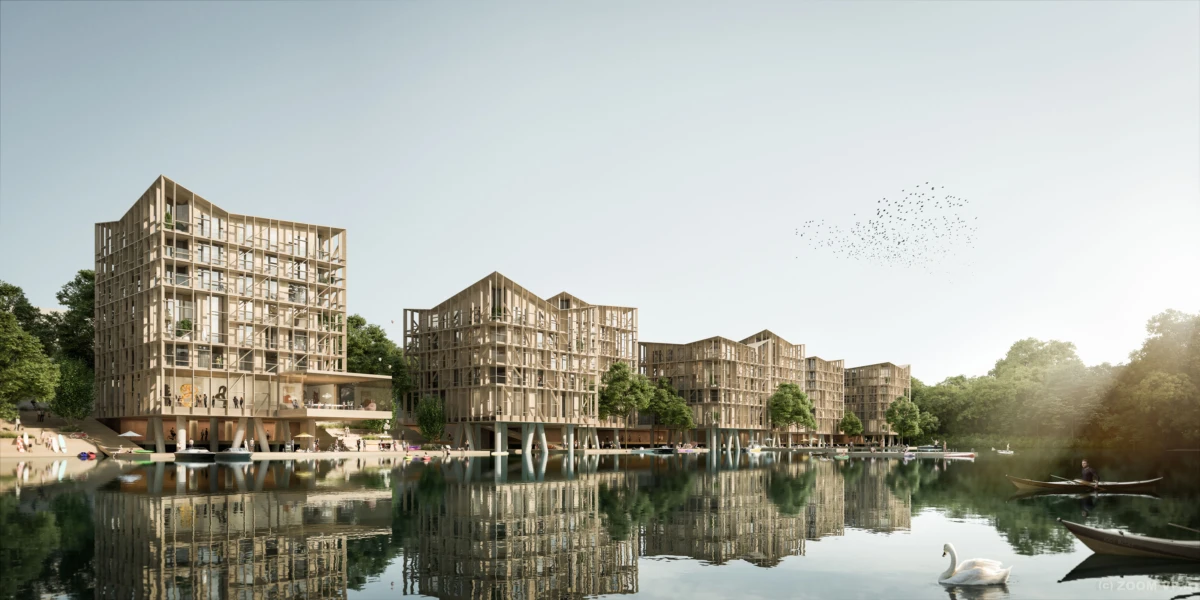 Wooden-framed residential complex by a calm lake, with reflected buildings, boats, trees, and a flock of birds in the sky.
