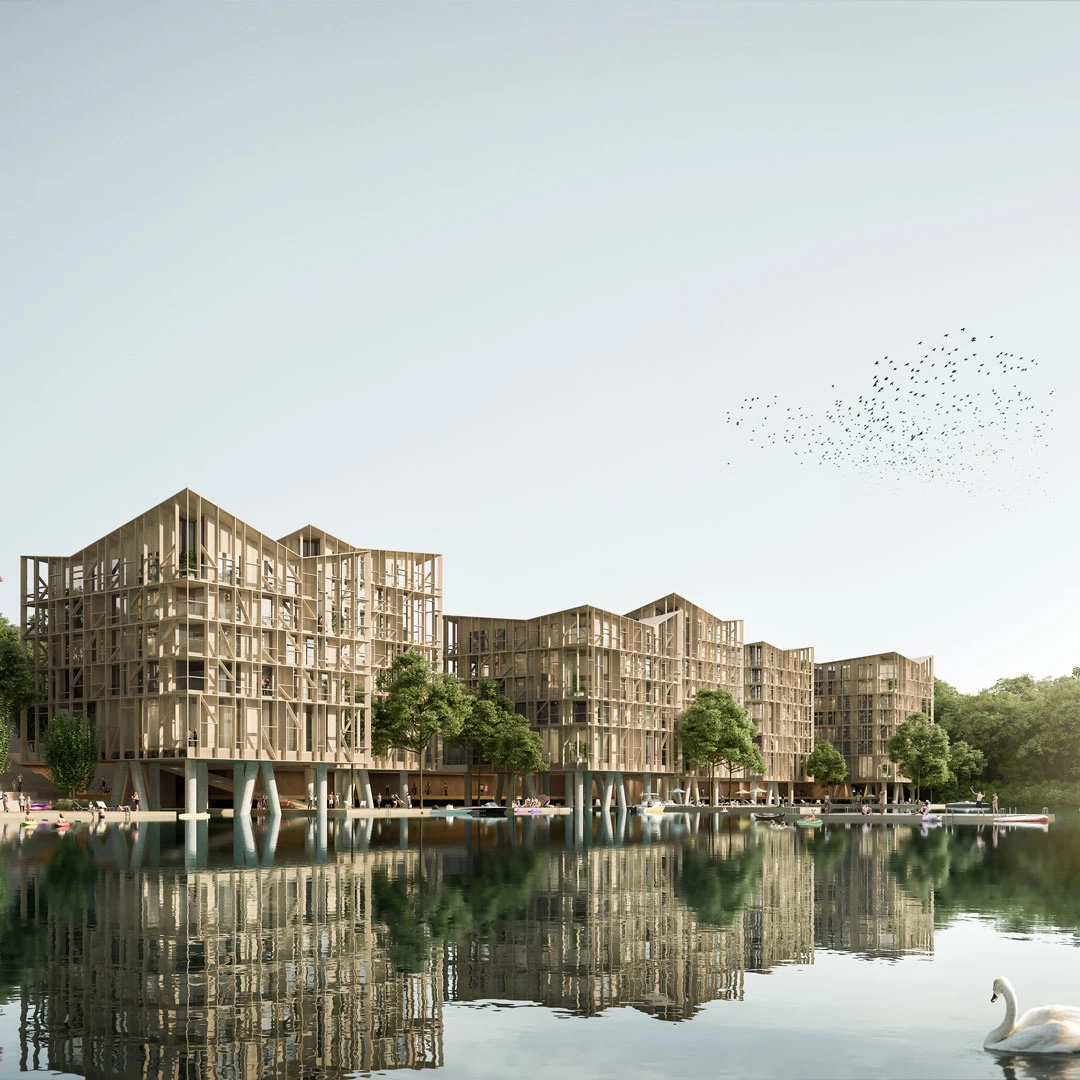 Timber-framed apartment complex on stilts beside a calm lake; people stroll the waterfront, swan glides, birds in the sky.