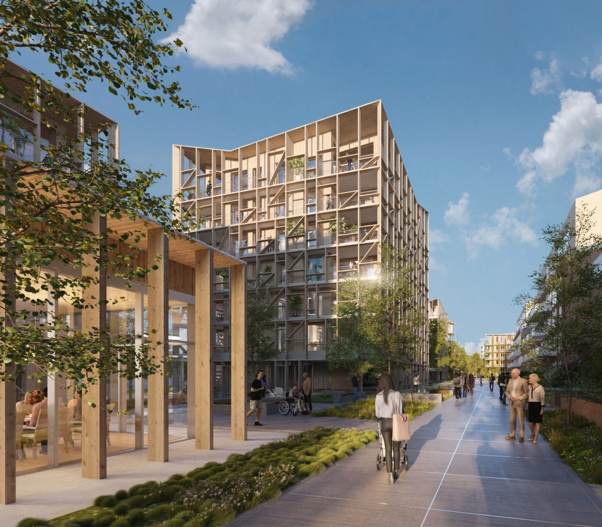 Modern building with wooden lattice facade along a pedestrian cycling path; people walk, cycle, and chat near a cafe and greenery.