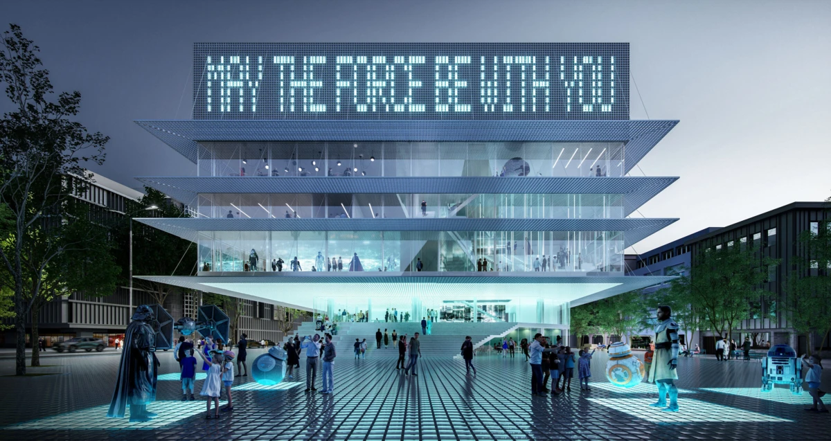 Futuristic glass-building hub with tiered terraces and a large digital sign; people walk through an illuminated plaza with holographic sculptures.