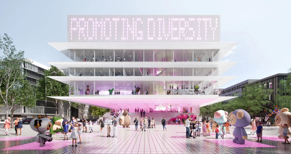 Four-story glass building with pink glow; crowd strolls a tiled plaza in front, with cartoon animal mascots nearby.