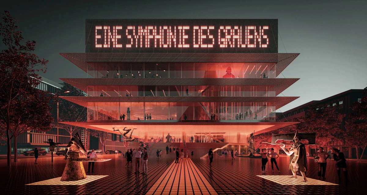 Terraced glass building lit in red; people walk a patterned plaza; two illuminated performers flank entrance; LED sign reads UNE SYMPHONIE DES GRAINS