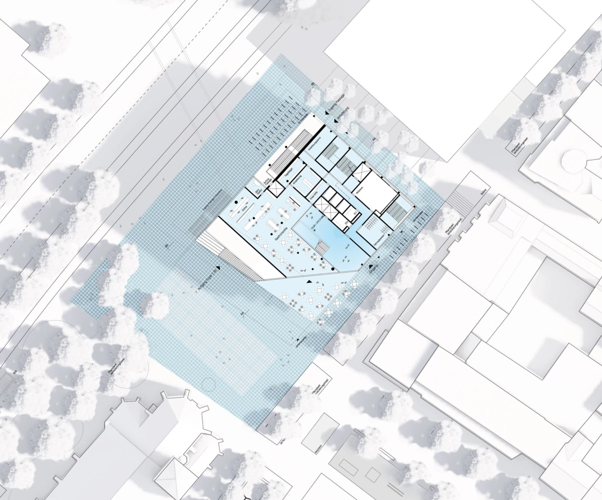 Aerial architectural floor plan of a modern building, displaying interior rooms, on a blue-dotted plaza within an urban site surrounded by trees.