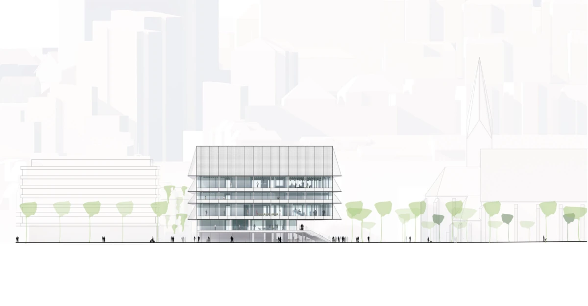 Three-story glass office building with a sloped metal roof on a tree-lined plaza, with pedestrians in an urban setting.