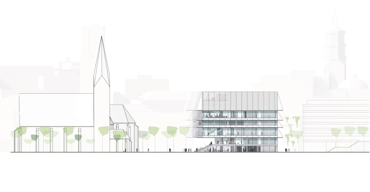 Architectural elevation of a church with a tall spire beside a multi-story glass office building; pedestrians walking and trees in an urban setting.