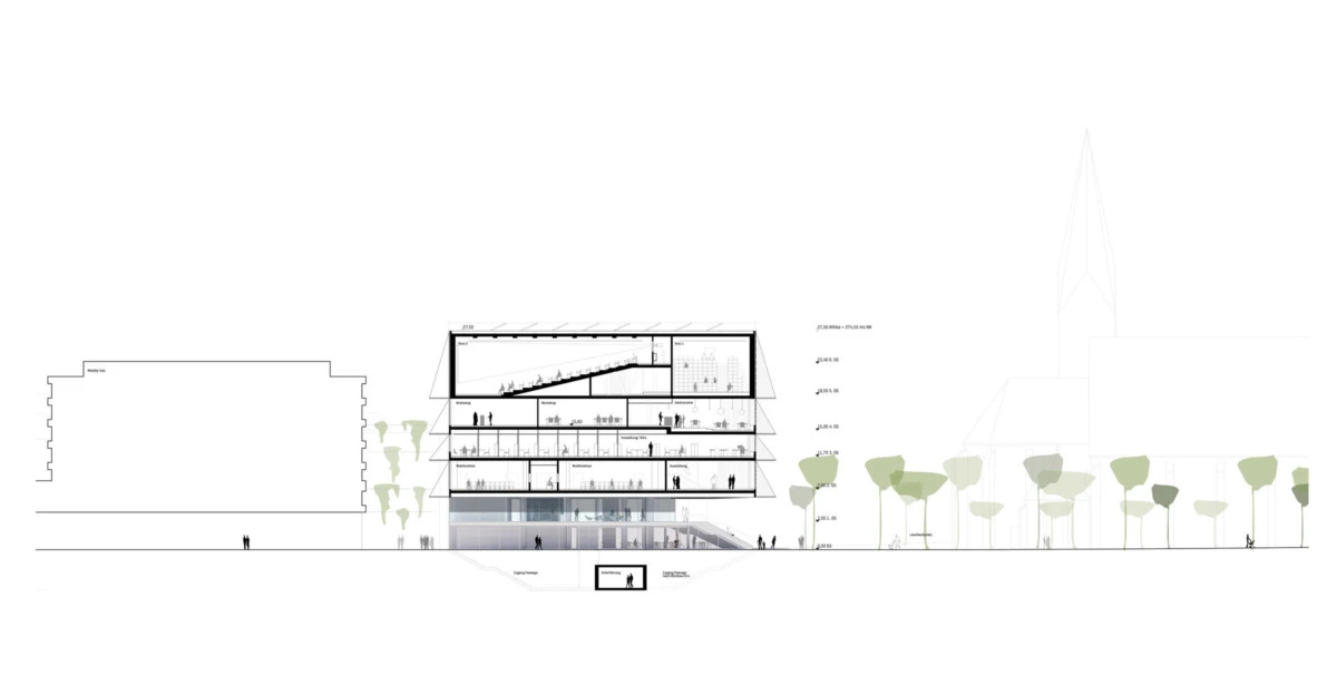 Architectural cross-section of a modern, multi-story building with people on each floor, glass ground-floor facade, flanked by trees and a distant tower.