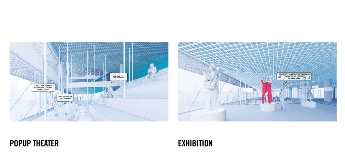 Two blue-toned panels: left shows a pop-up theater with seated audience; right depicts an exhibition hall with a red-clad figure on a pedestal and visitors.