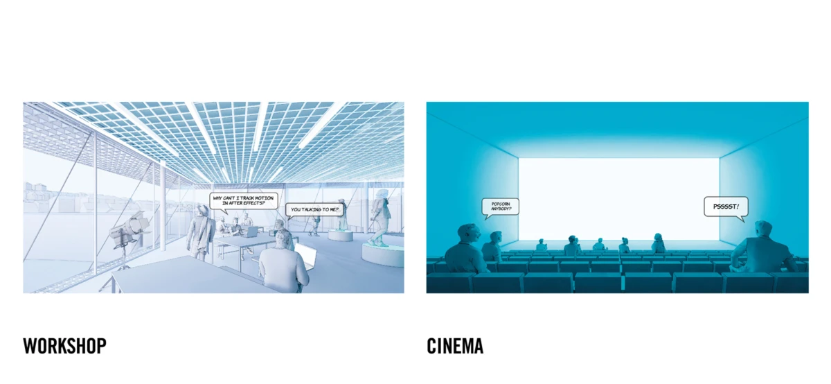 Left: people work at desks in a glass-walled workshop; right: audience sits in a blue-lit cinema watching a large screen.
