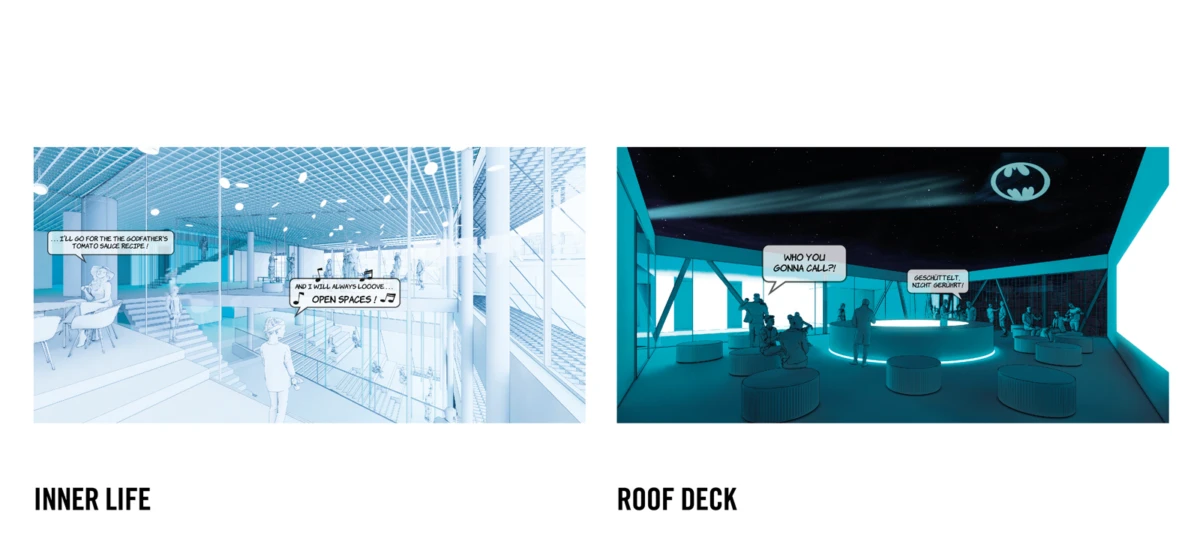 Two-panel: left open-office atrium with glass walls and stairs; people walk. Right Batman-logo rooftop deck at night with seating.