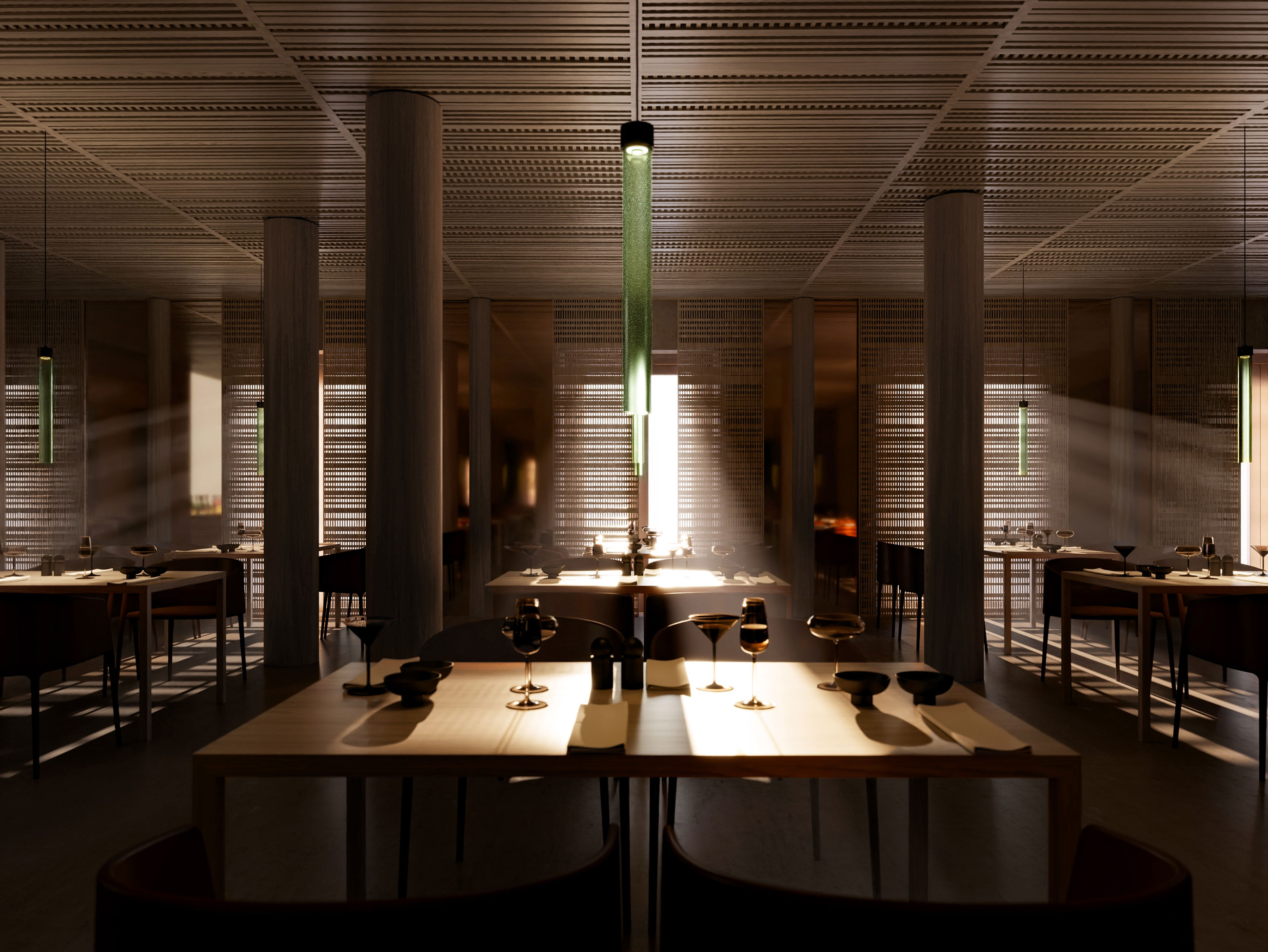Modern restaurant dining hall with wooden tables set for diners; green pendant lights, columns, and soft light beams.
