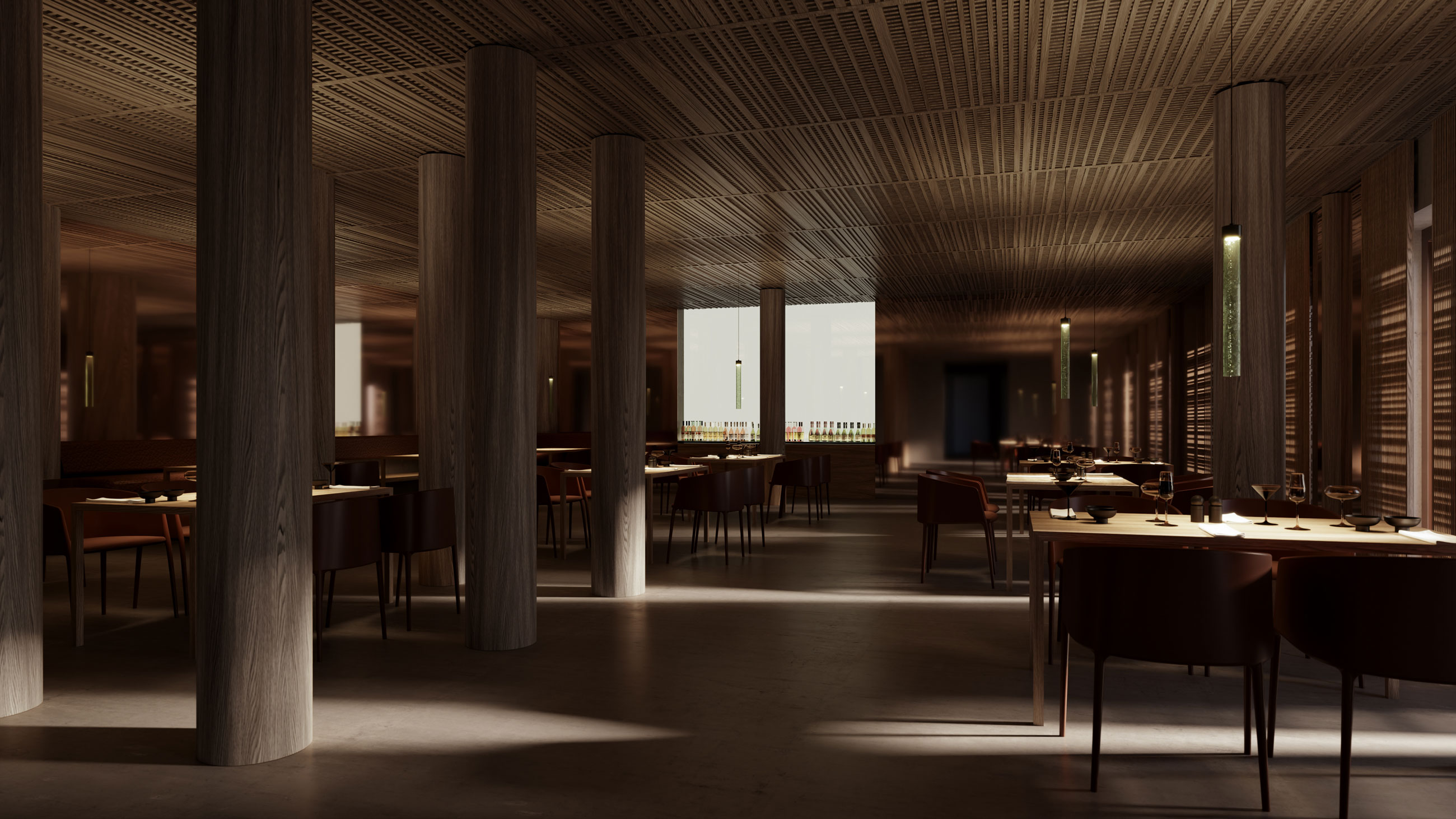 Modern fine-dining restaurant interior with large wooden columns; tables set with wine glasses and cutlery under warm lighting.