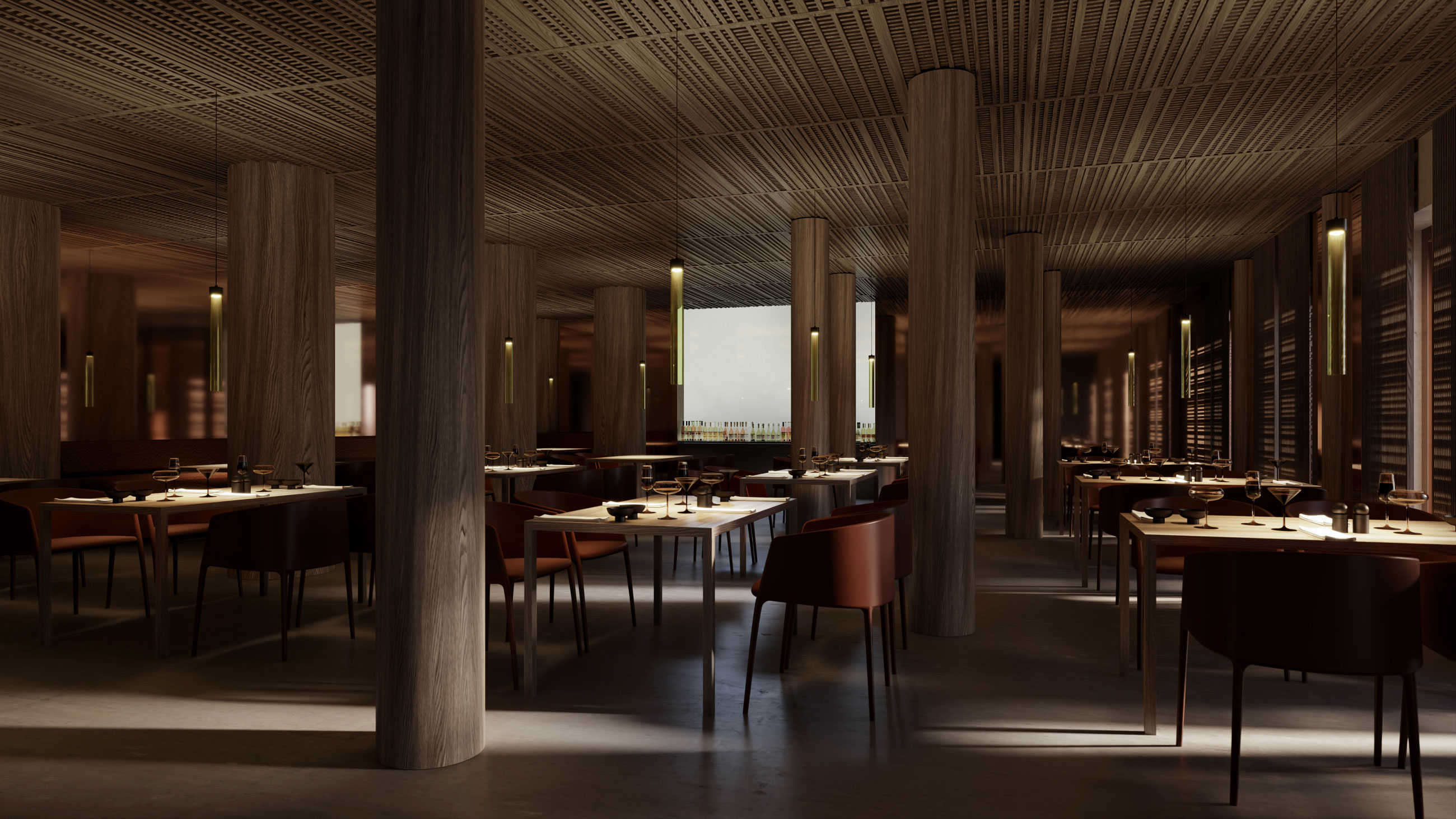 Dimly lit restaurant dining hall with wooden columns, neatly set tables, wine glasses and plates, awaiting guests.