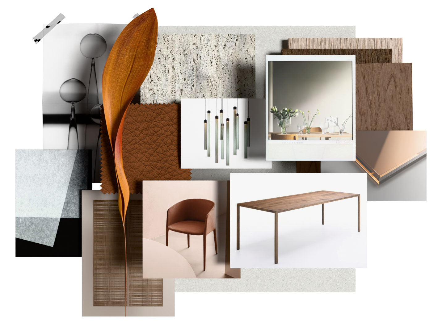 Interior design mood board with material samples and furniture: wood veneer planks, stone panels, leather chair, fabric swatches, and a wooden table.