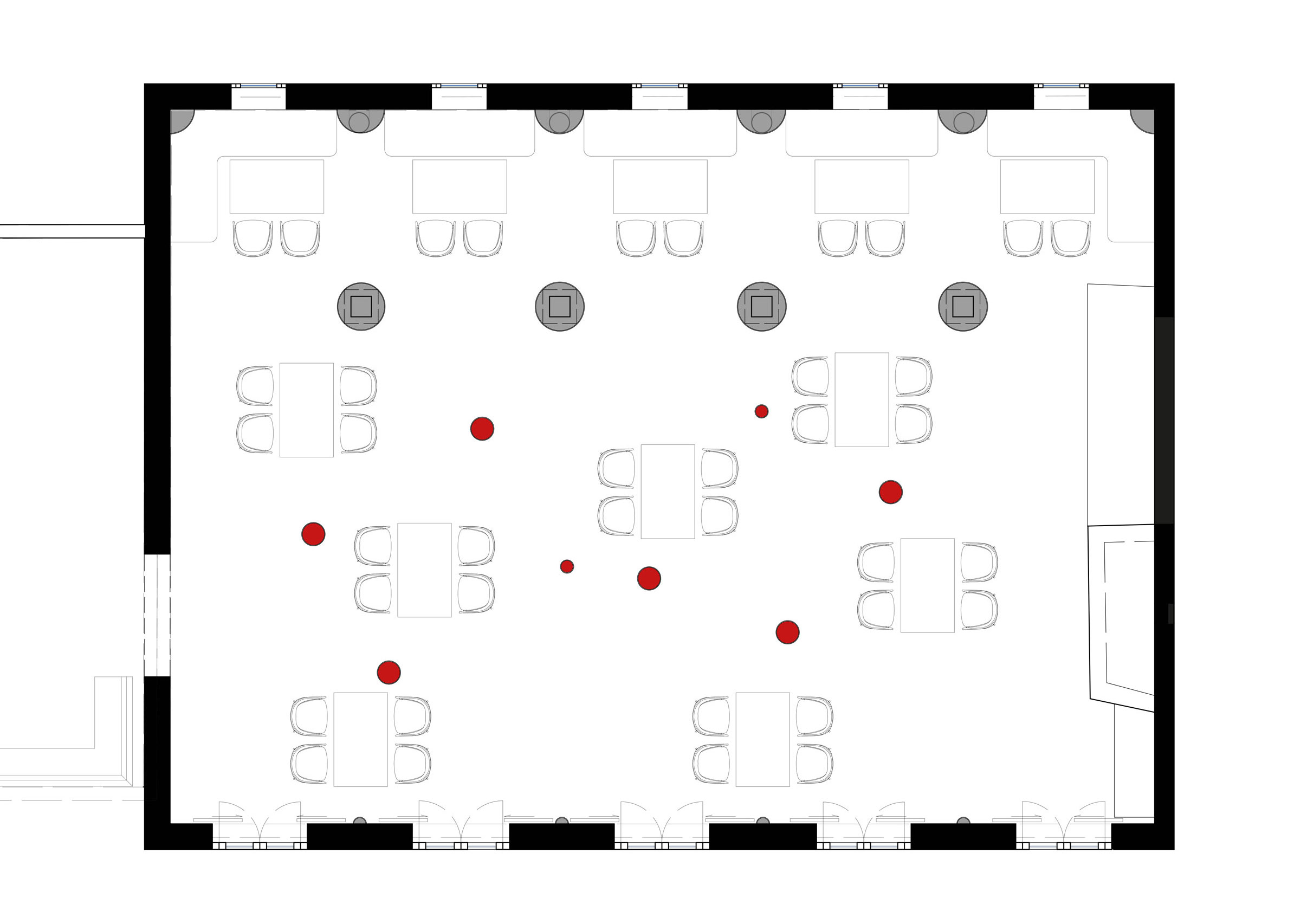 Rectangular conference room floor plan with multiple four-seat tables and scattered red attendee markers.