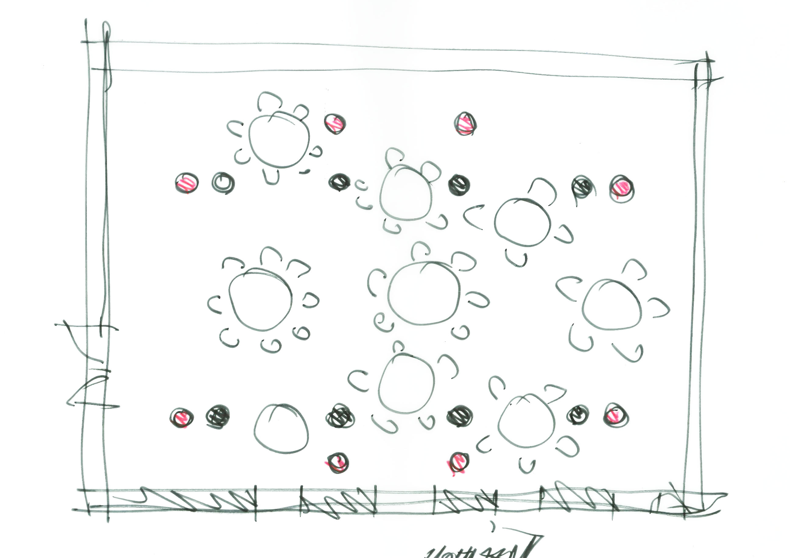 Sun shapes with radiating rays inside a bordered rectangle; pink and black dots scattered.