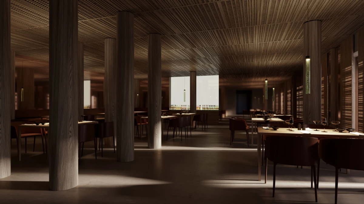 Modern fine-dining restaurant interior with large wooden columns; tables set with wine glasses and cutlery under warm lighting.