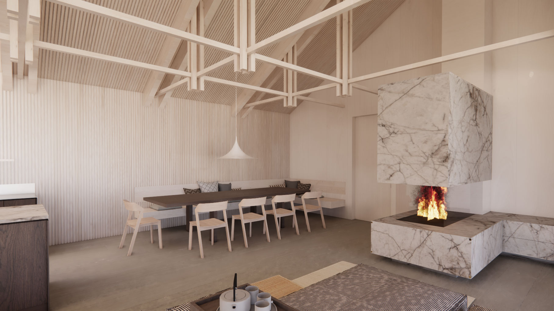 Open-plan living-dining room with white wooden ceiling beams, a long wooden dining table and chairs, and a marble cube fireplace with flames.