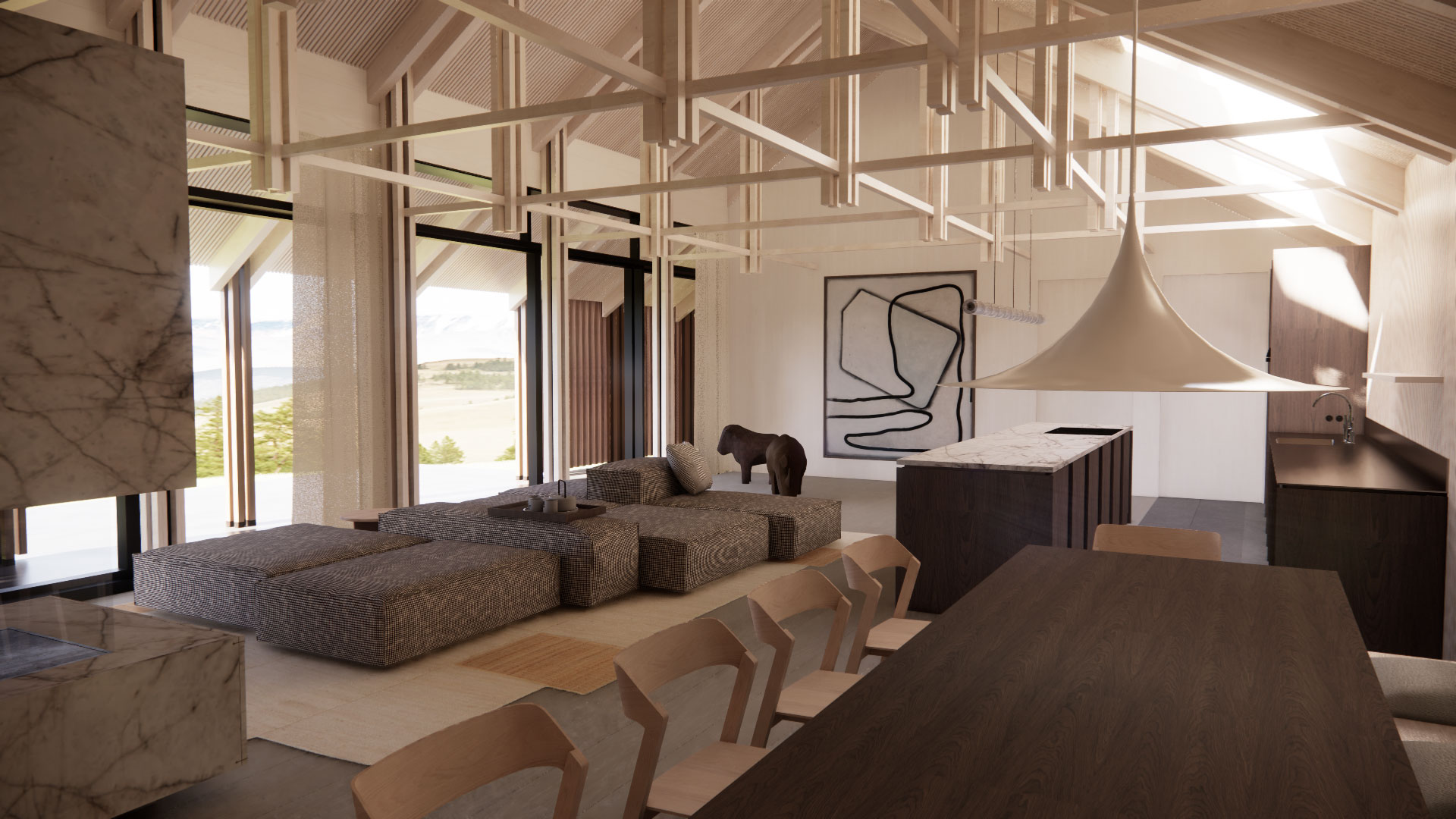 Open living and dining space with marble accents, modular ottomans, dark wood table, pendant light, abstract wall art, and a horse statue standing.