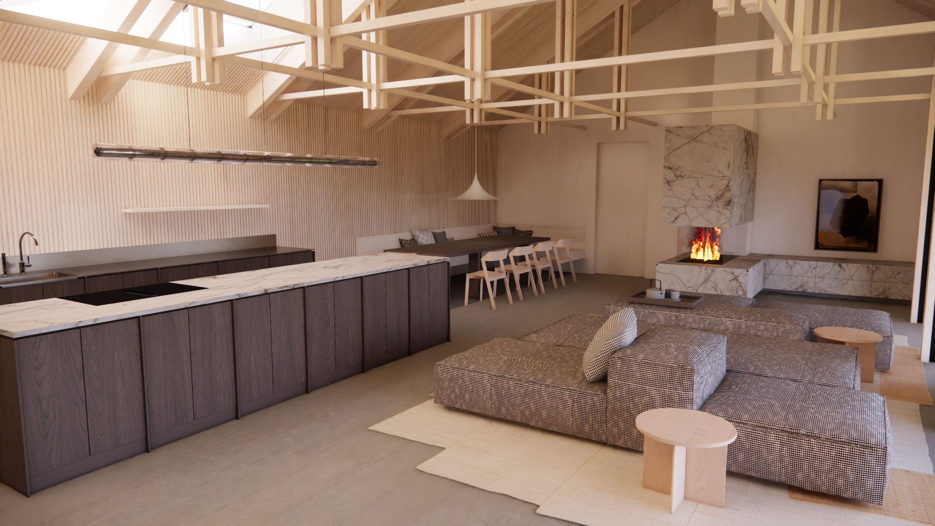 Open-concept living area with marble kitchen island, dark wood cabinets, dining table, gray sectional, and a marble fireplace.
