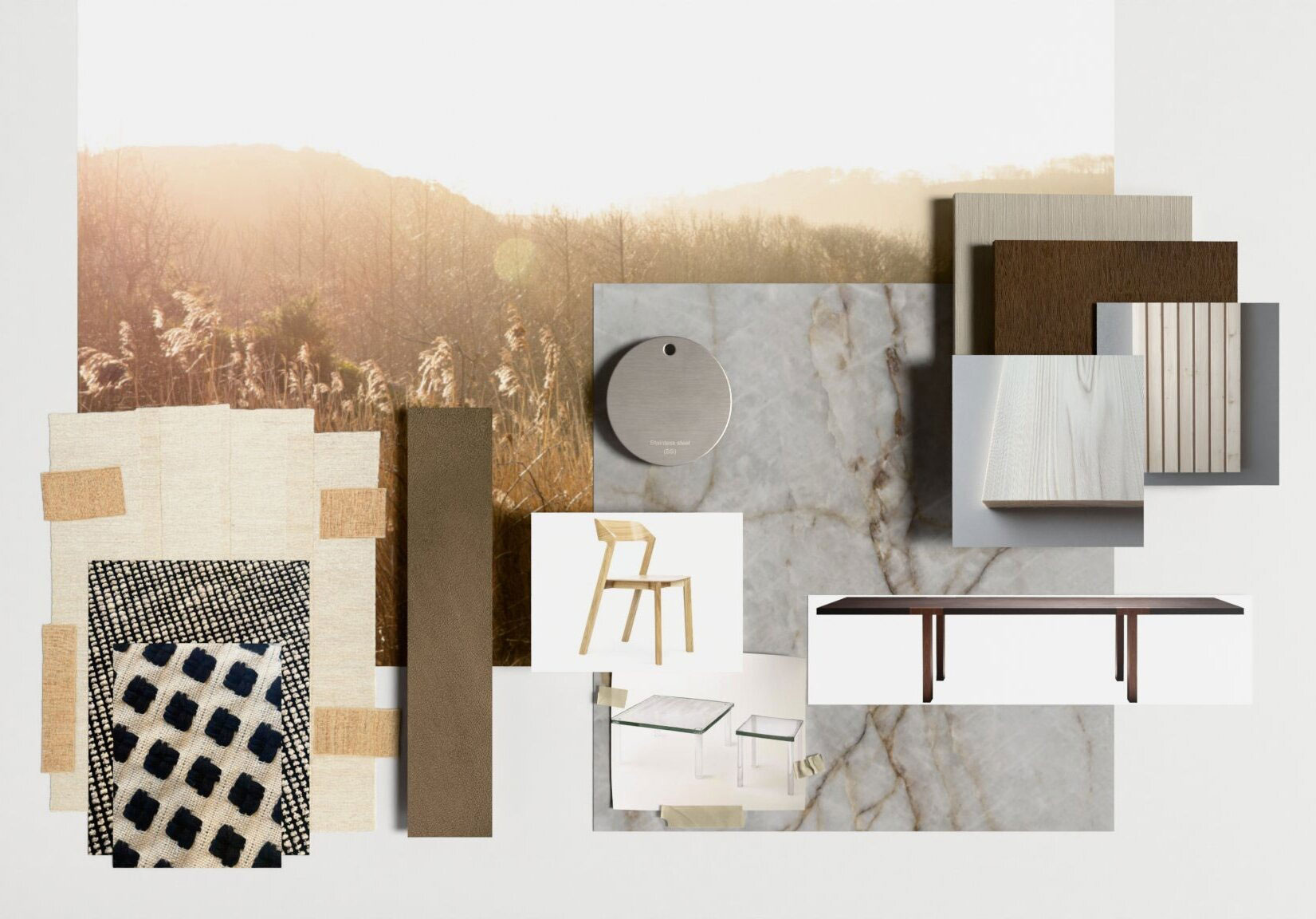 Mood-board collage of interior design samples: wood, marble, fabrics, chair sketch, glass tables, and a long table against a nature photograph background.