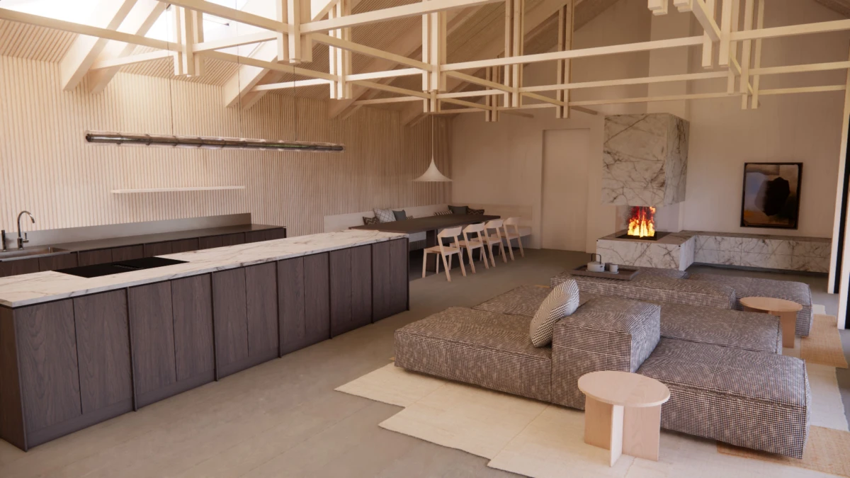 Open-concept living area with marble kitchen island, dark wood cabinets, dining table, gray sectional, and a marble fireplace.