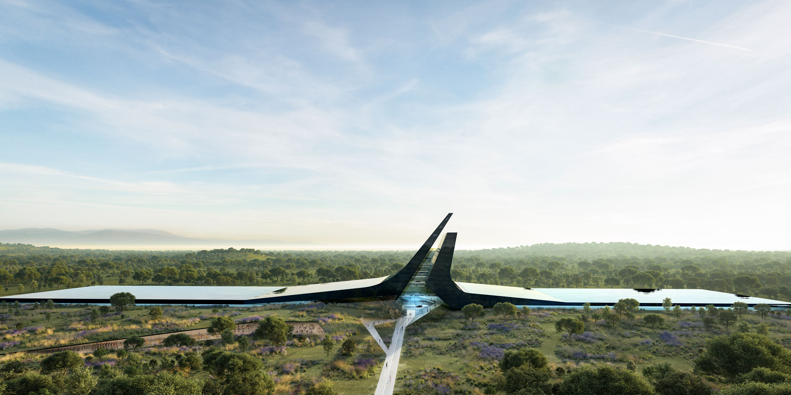 Futuristic Y-shaped tower with two long winged spans across a flat, tree-dotted plain under a blue sky.