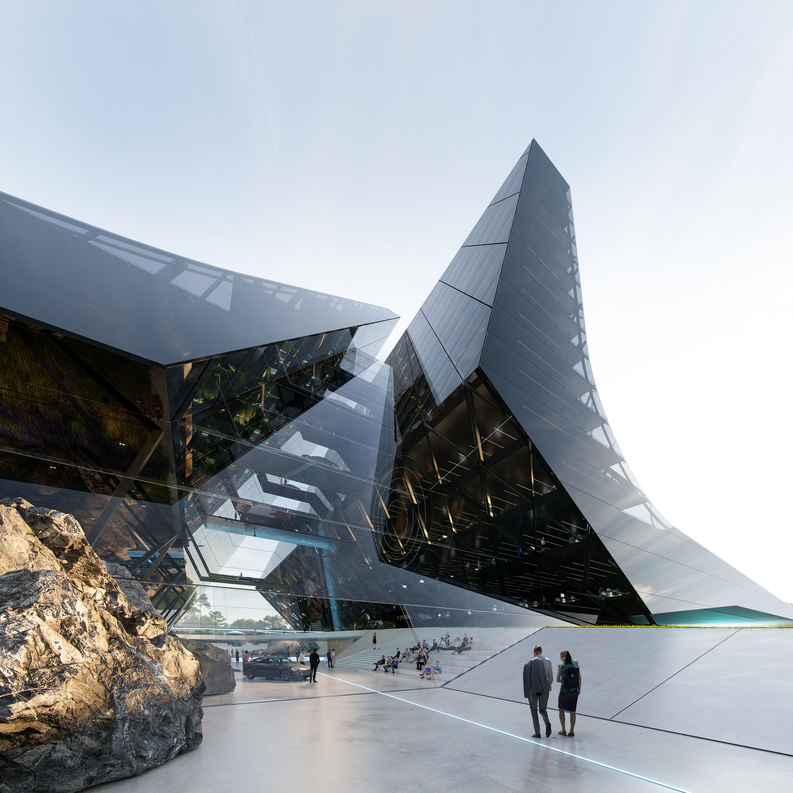 Futuristic glass-and-steel building with angular towers; visitors walk and sit on steps in a spacious outdoor plaza beside rocky terrain.