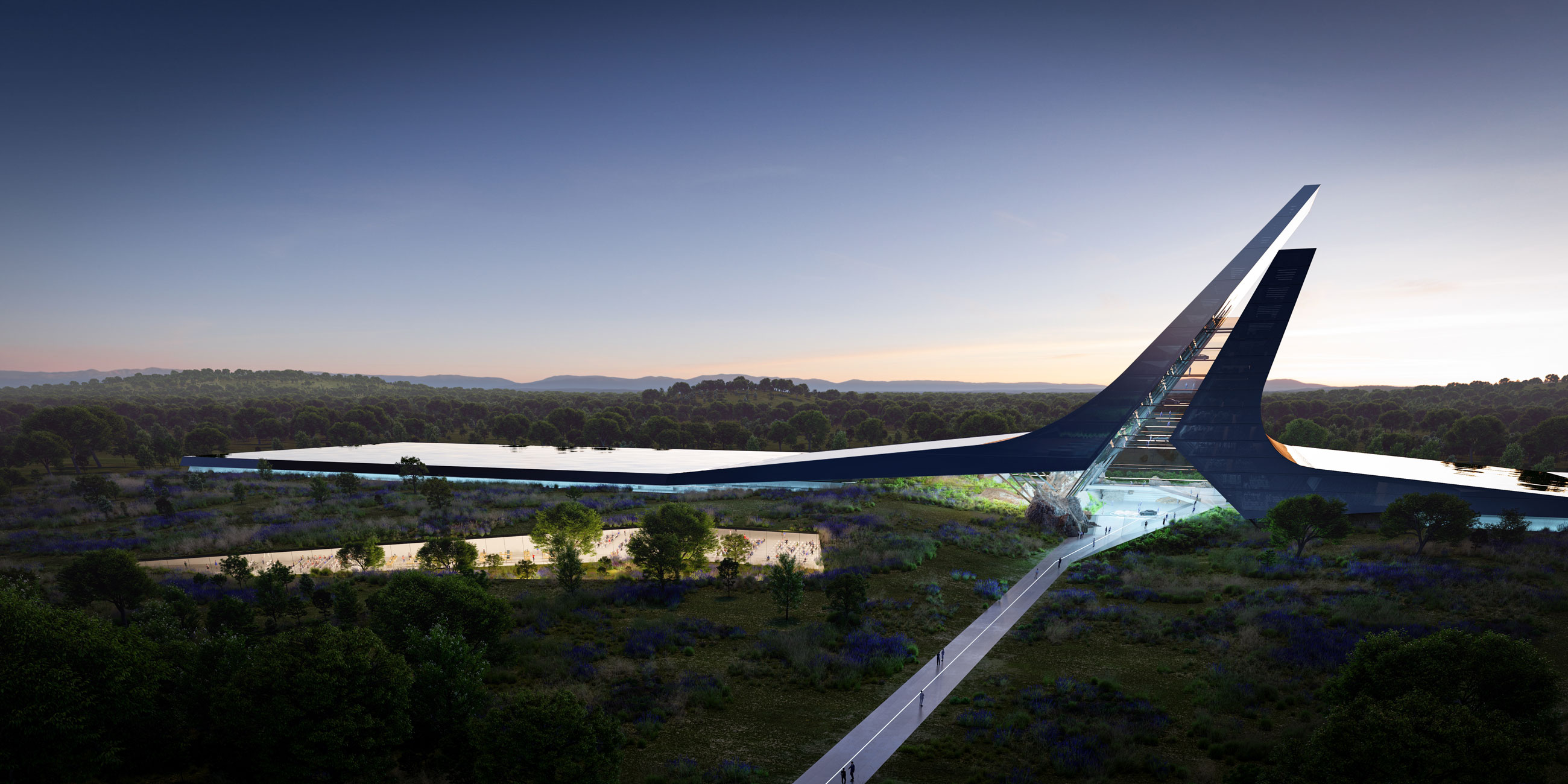 Futuristic V-shaped glass-and-steel bridge with a tall central tower crossing a forested plain at dusk; pedestrians on a ramp.
