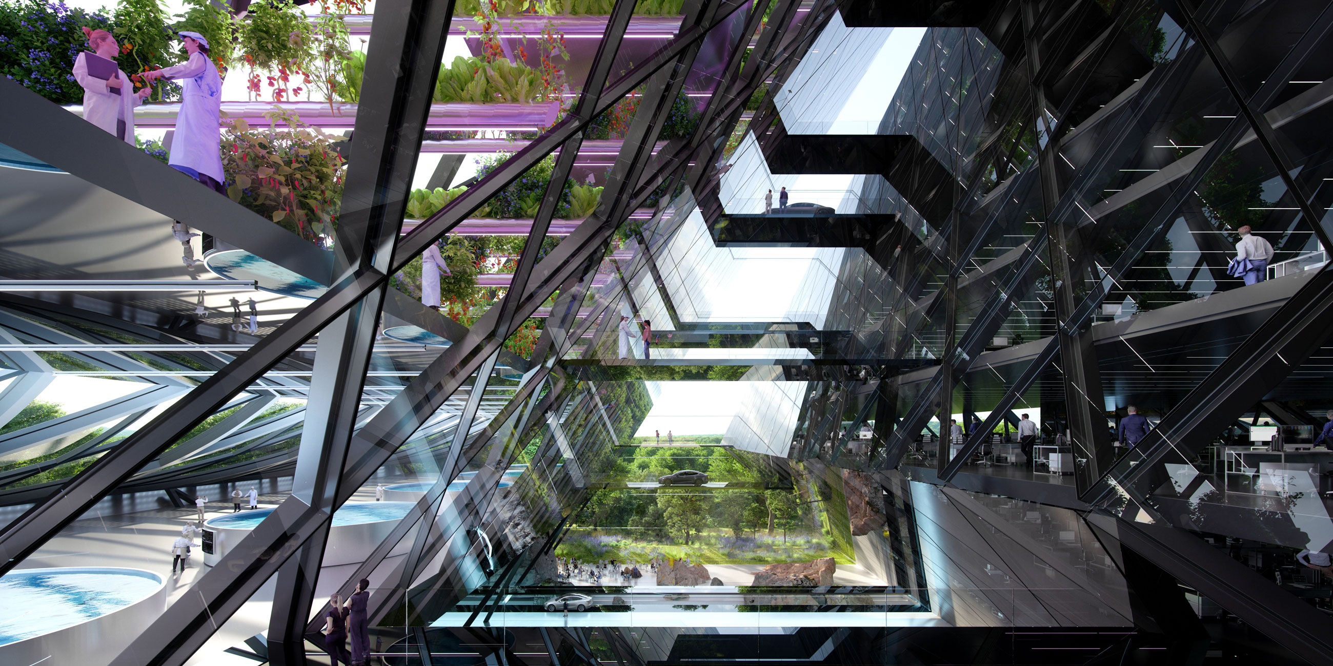 Futuristic glass atrium with angular steel beams, layered walkways, and lush greenery; people strolling on upper levels.