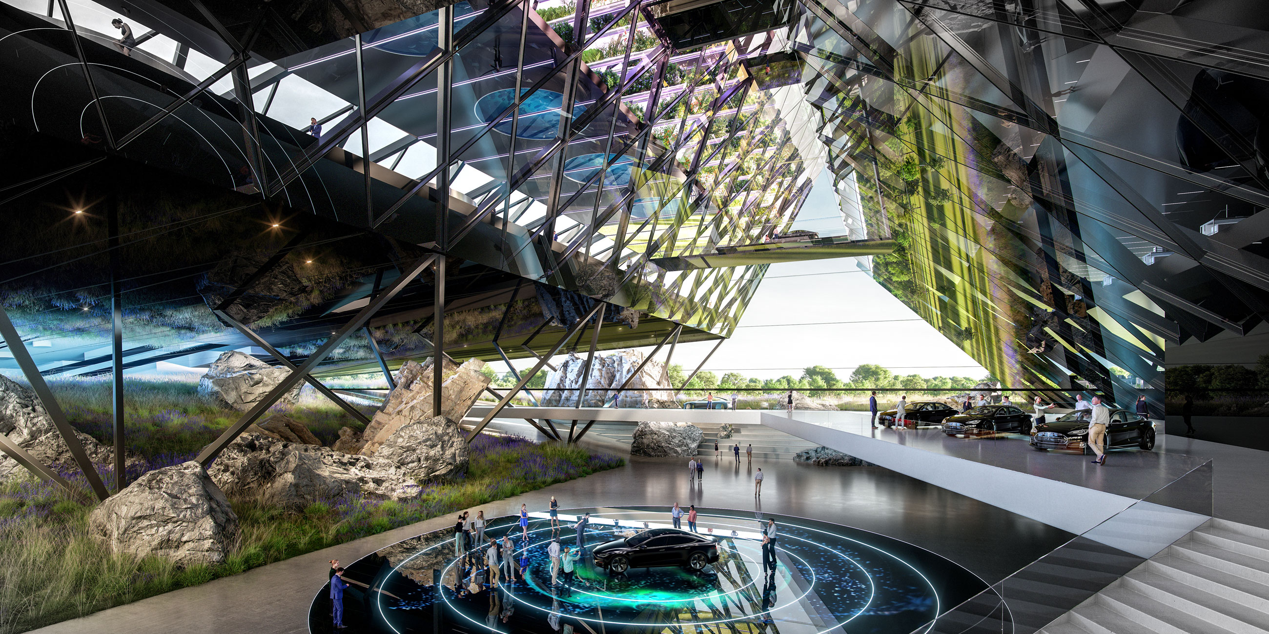 Futuristic glass-and-steel showroom atrium; a black sports car on a circular neon-lit platform, surrounded by visitors amid rocky landscaping and greenery.