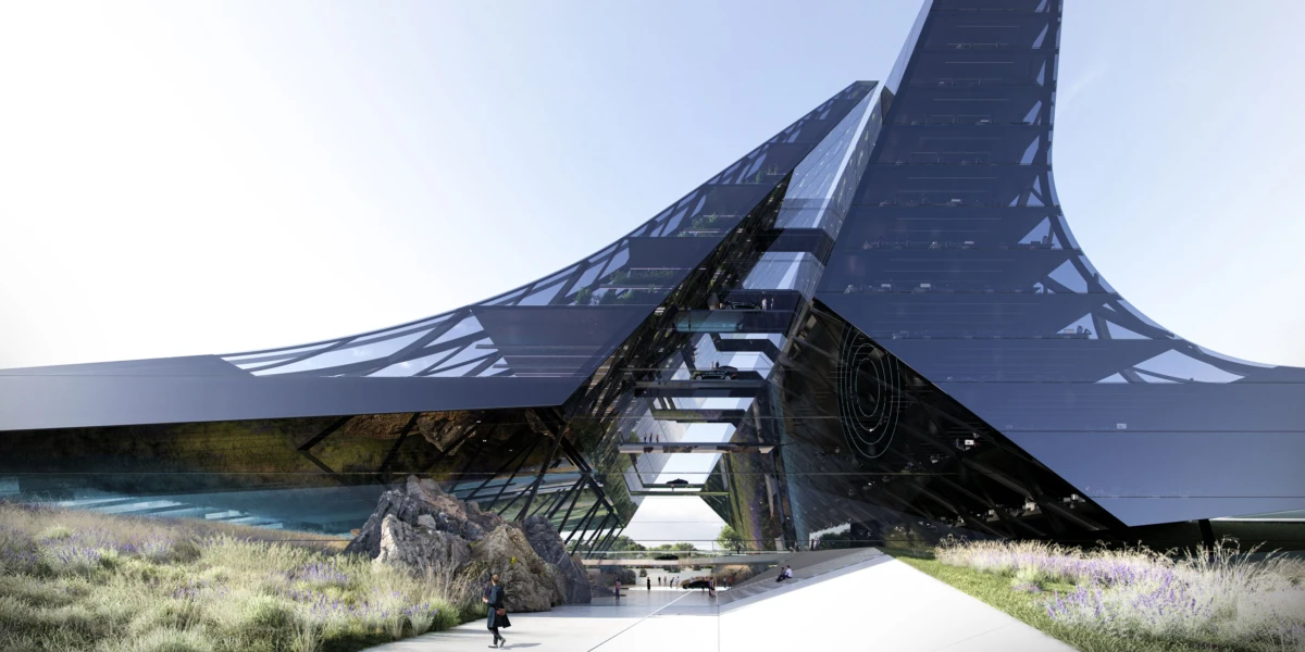 Futuristic glass arch-shaped building with angular, curved surfaces; people walk along a pedestrian path amid lavender landscaping.