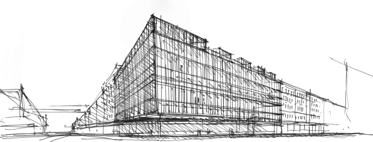 Line drawing of a wedge-shaped building along a street, with small pedestrians nearby.