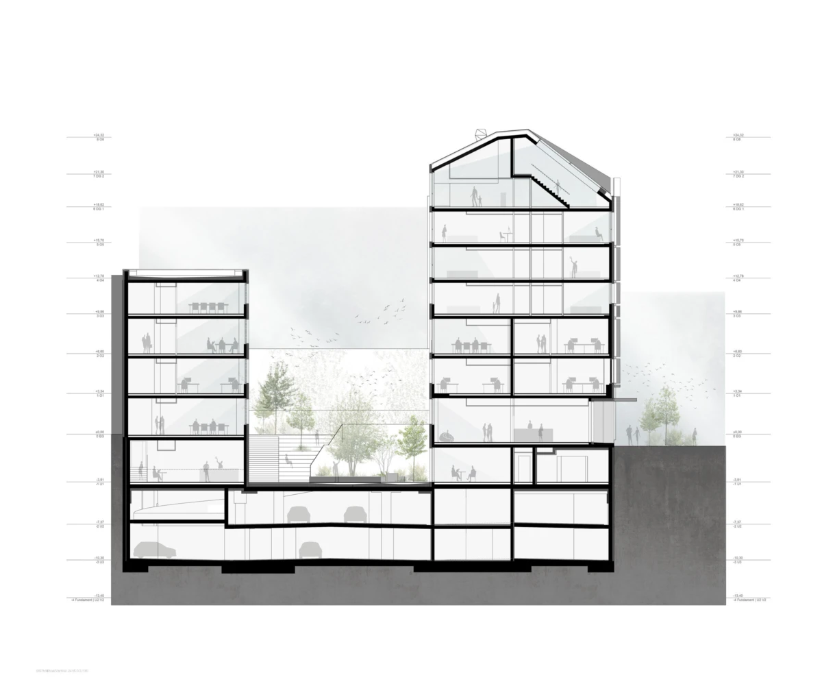 Cross-section of a multi-story building complex with a central courtyard, trees, and underground parking; occupants in offices and stairwells.