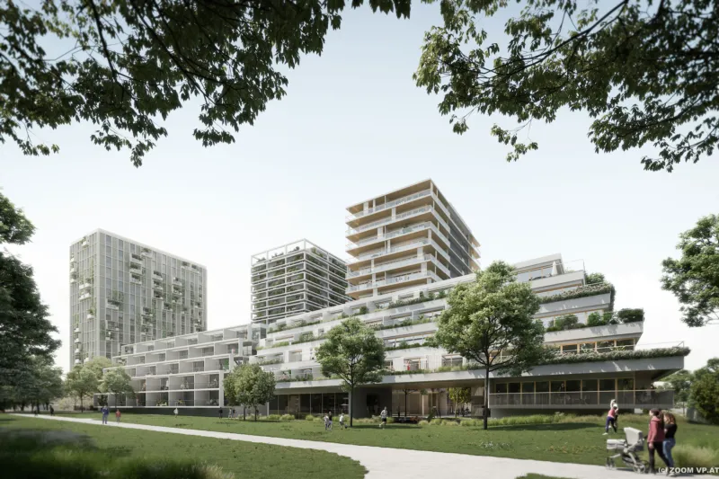 Modern terraced residential complex with balconies in a green park; people strolling along a curved pathway.