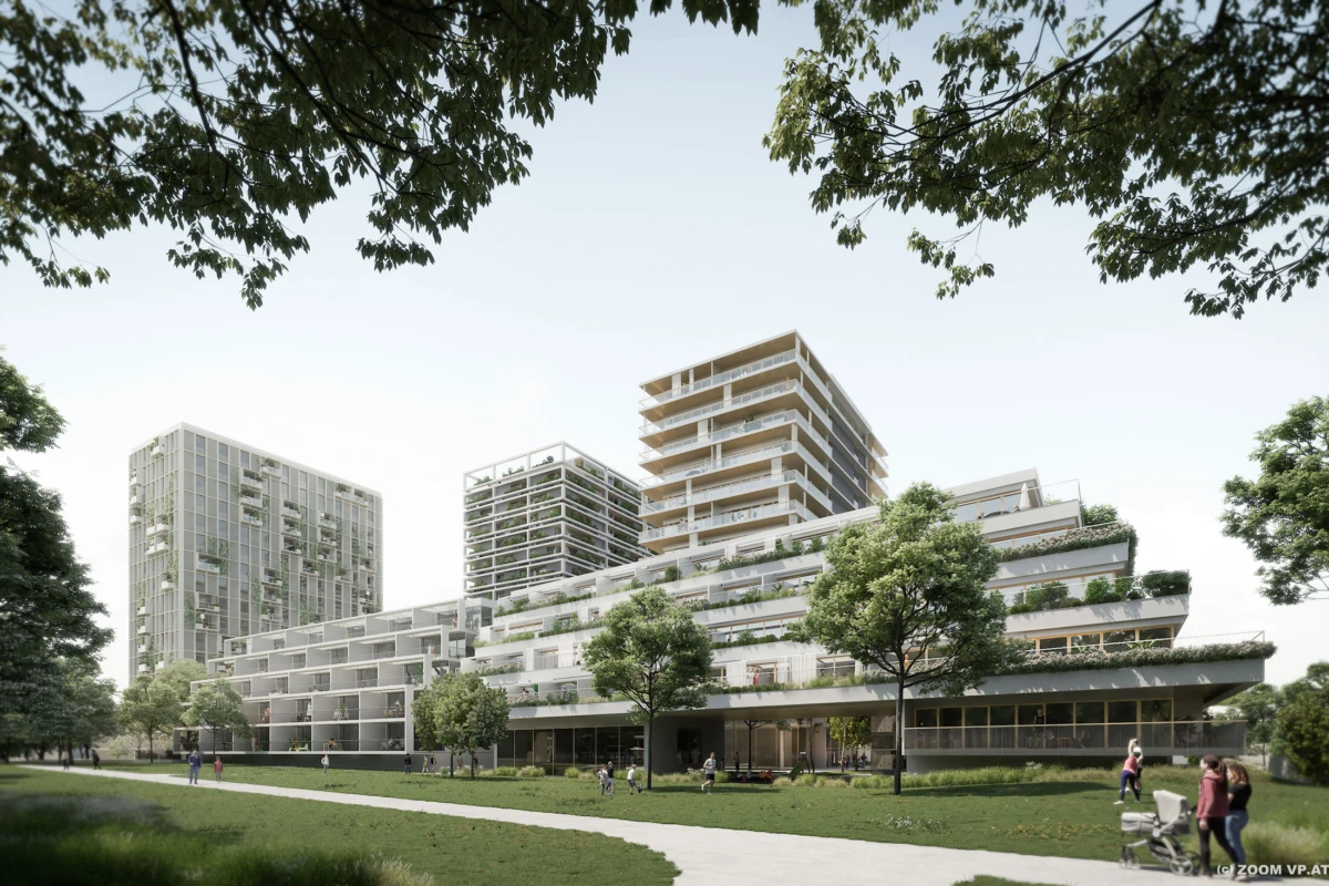 Modern terraced residential complex with balconies in a green park; people strolling along a curved pathway.