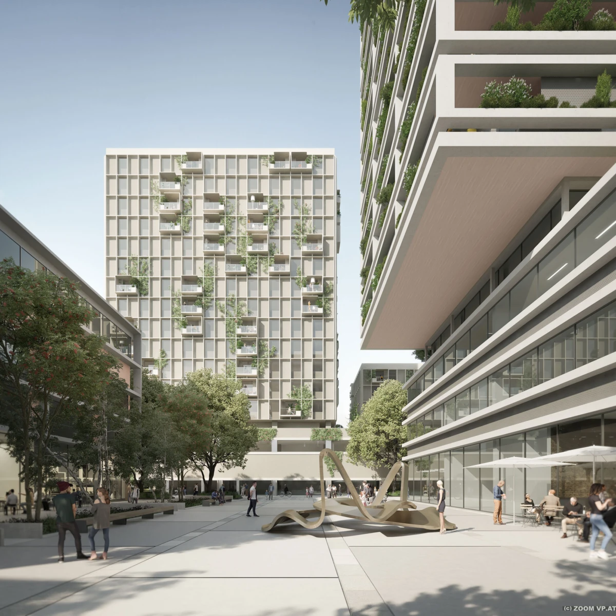 Courtyard between modern high-rise buildings with greenery; people walk and relax near a flowing abstract sculpture.