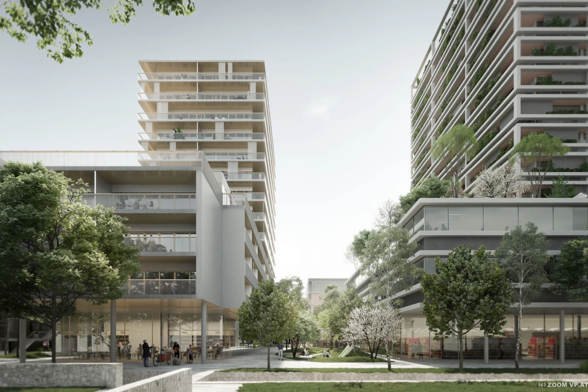 Two glass-clad residential towers flank a tree-lined plaza where people walk and socialize.
