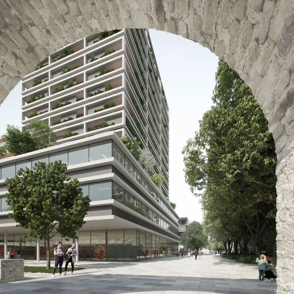 Modern mixed-use high-rise with greenery on terraces, seen from under a stone arch, pedestrians walking in a plaza.