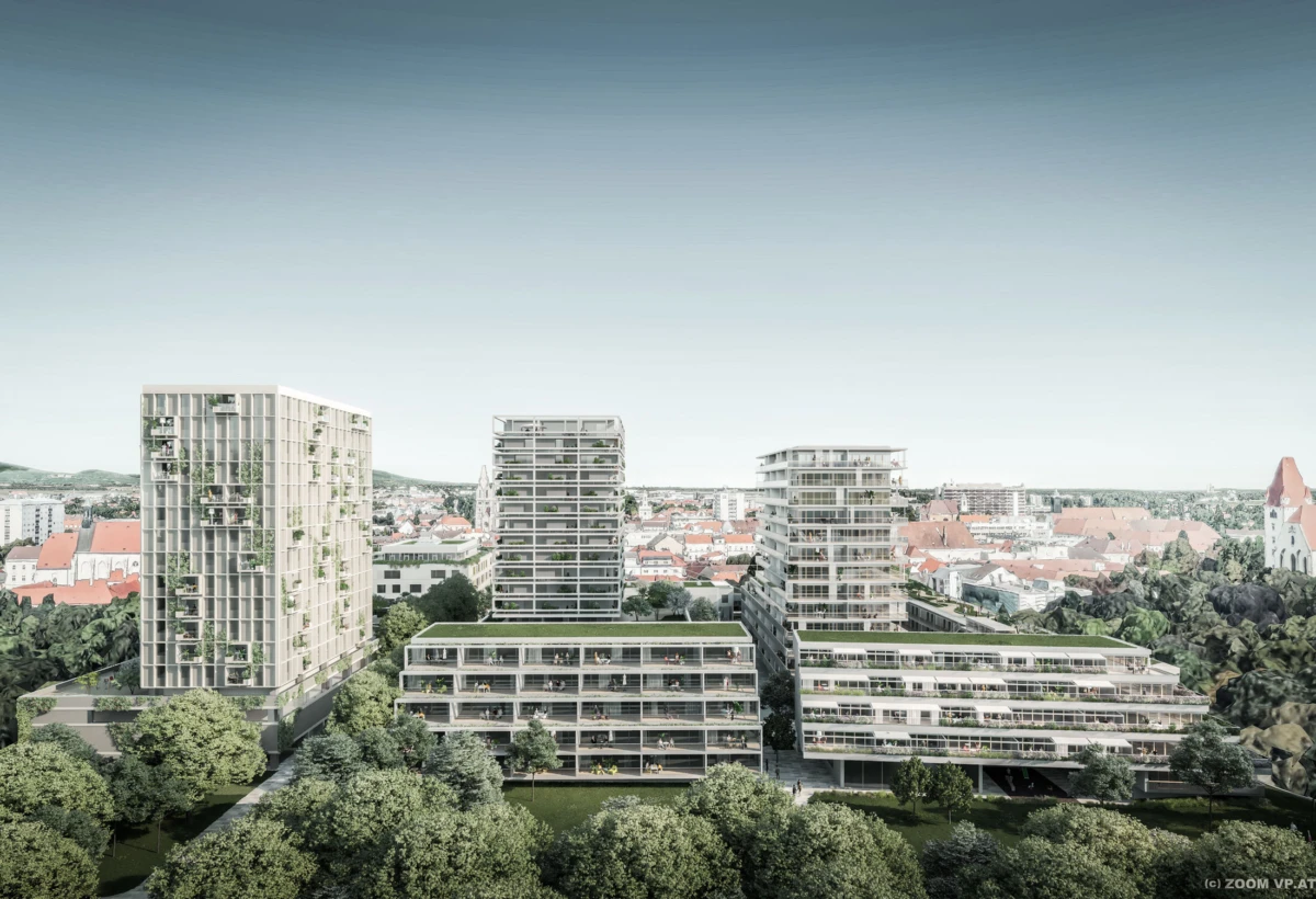 Modern residential complex of glass-fronted towers with green terraces and vertical gardens, set in a landscaped area with a distant cityscape.