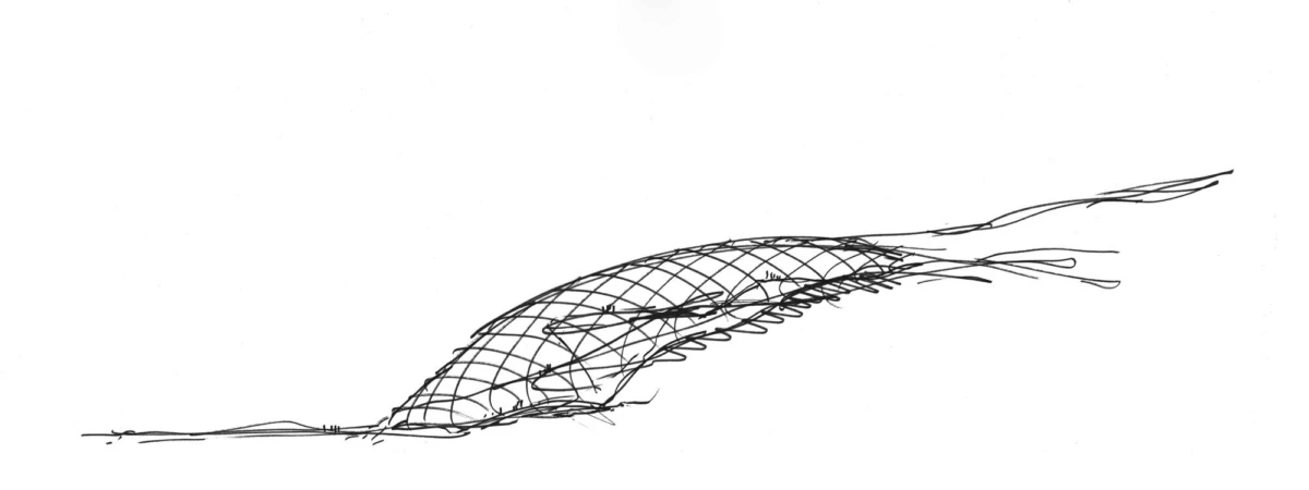 Curved wire-mesh lattice arch on a white background.