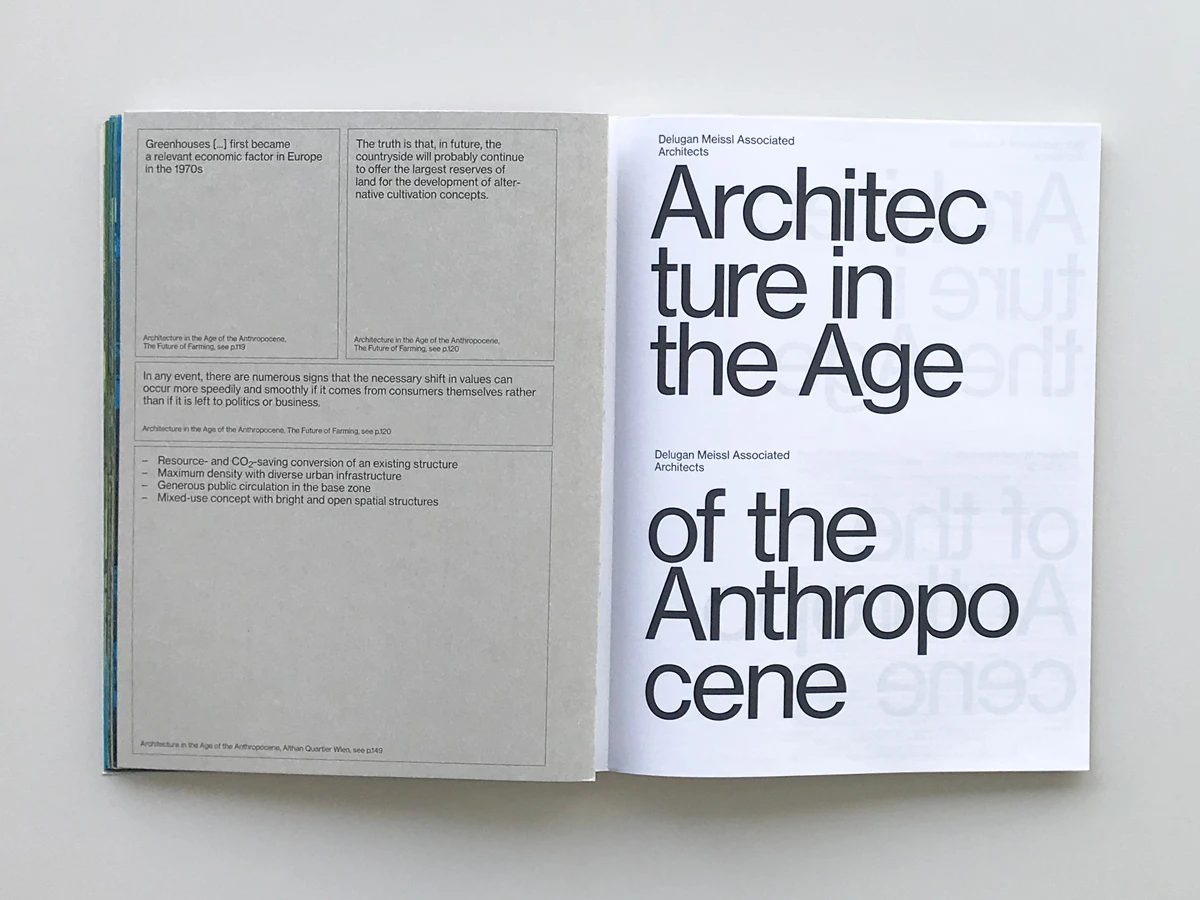 Open magazine spread showing a bold right page with Architecture in the Age of the Anthropocene and gray left panels on a white surface.