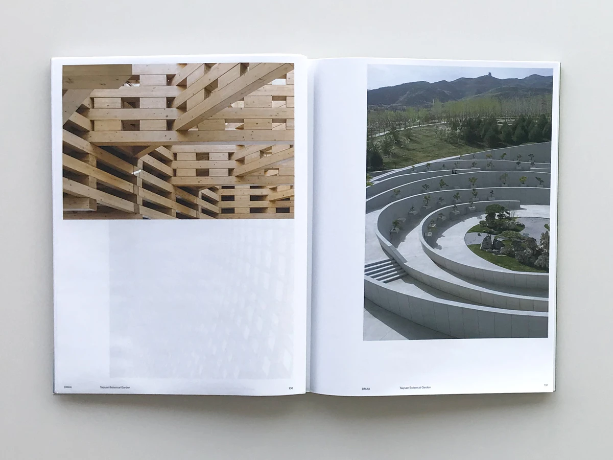 Open book displaying two architectural photos: left shows interlocking wooden lattice beams; right shows a circular white concrete terraced garden.