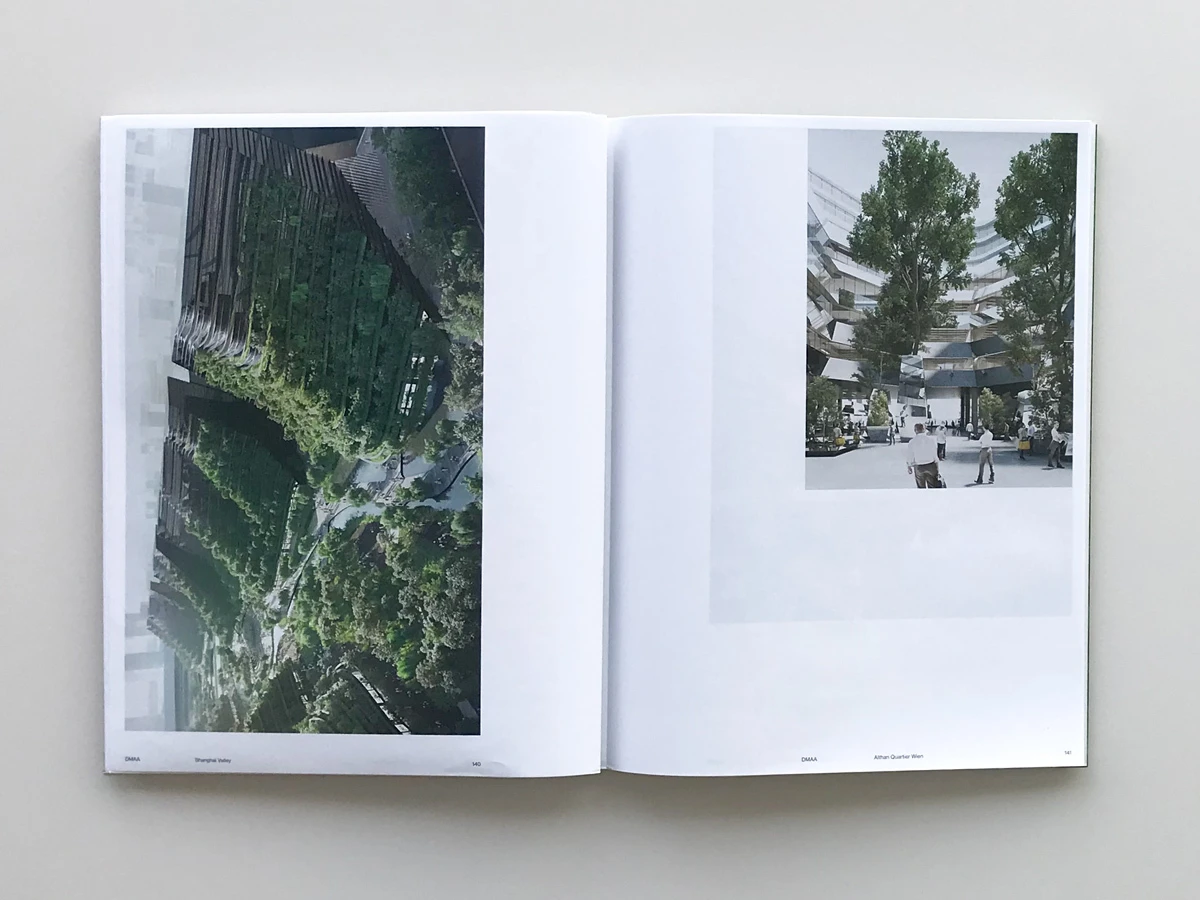 Open design book displaying architectural renderings: left page vertical garden towers; right page urban courtyard with people.
